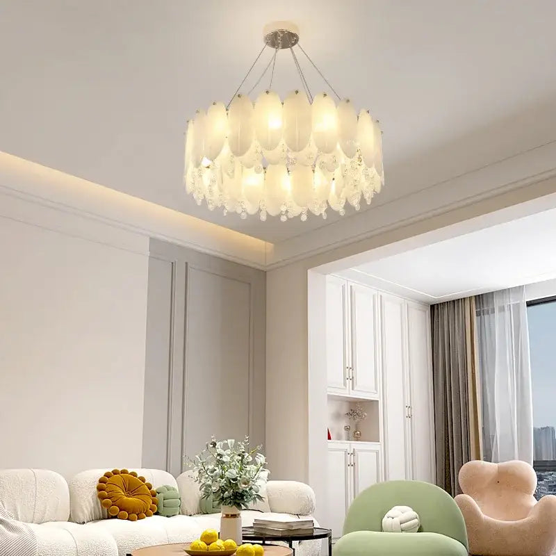 Cream wind led chandelier with white opal glass panels and crystal accents for bedroom decorbites cream wind lighting