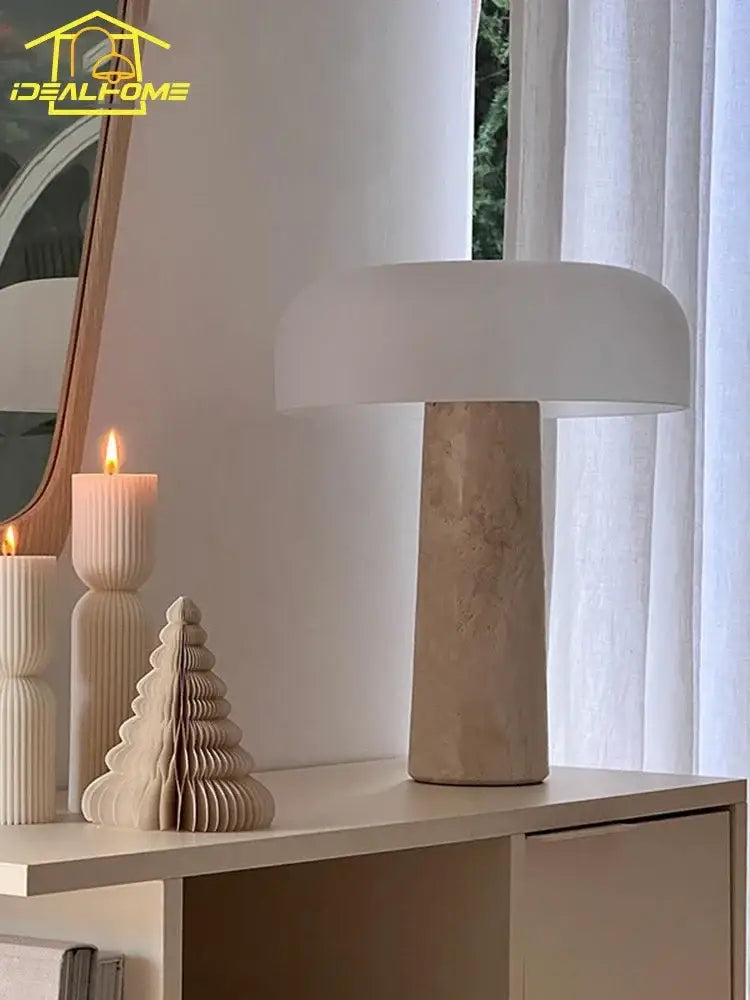Minimalist cream wind mushroom desk lamp with textured beige stone base ideal for living room or study decorbites cream wind
