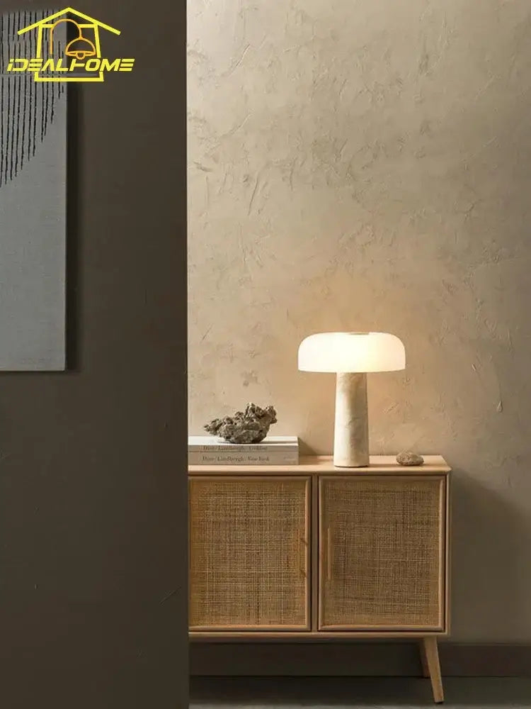 A sleek decorbites cream wind mushroom desk lamp with a soft white dome shade and off-white marble base for study
