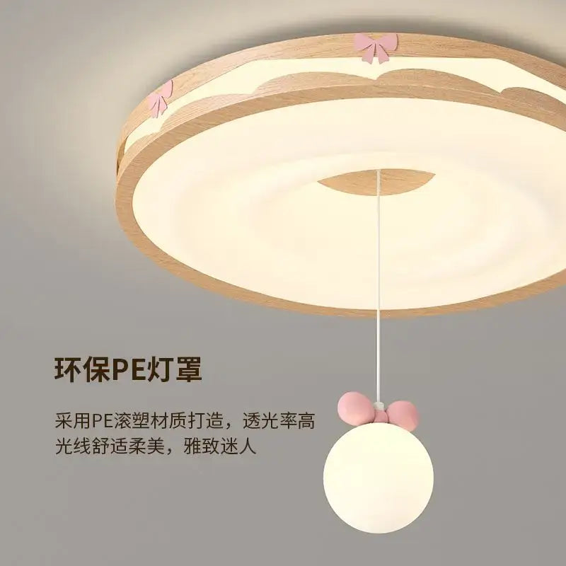 Cream wind walnut round bedroom light with natural wood frame and soft white pe lampshade with pink bow decorbites cream wind
