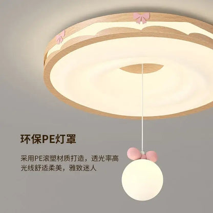 Cream wind walnut round bedroom light with natural wood frame and soft white pe lampshade with pink bow decorbites cream wind