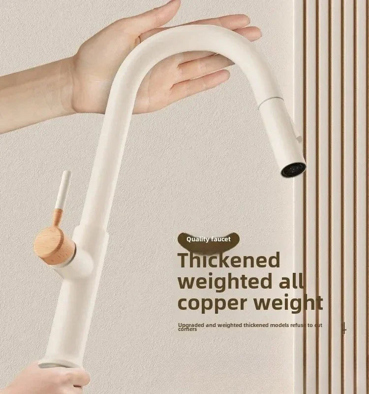 White ceramic kitchen faucet with wooden handle and curved spout stainless steel pull-out rotating mixer tap