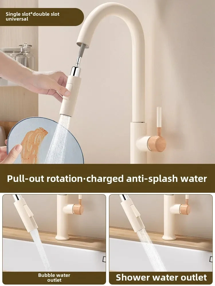 Cream-colored all copper pull-out kitchen faucet with wooden handle and rotating spray head for versatile water flow stainless steel accents