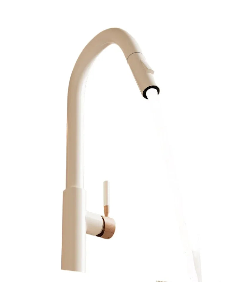 Cream wooden handle all copper kitchen faucet with cream curved spout rose gold accent and stainless steel spray function