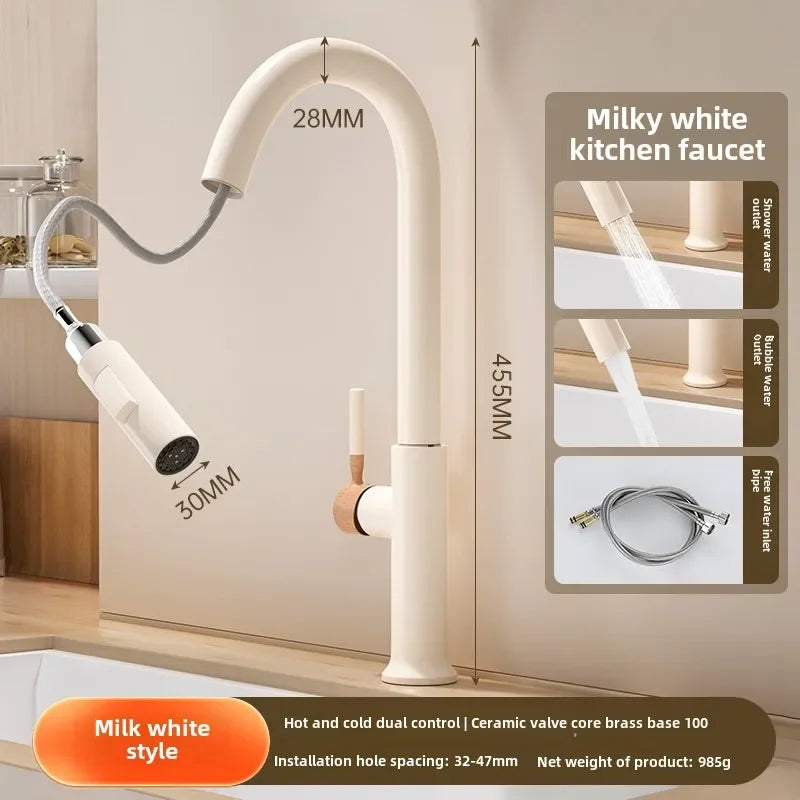 Milky white all copper kitchen faucet with cream wooden handle, pull-out flexible hose, and stainless steel curved spout