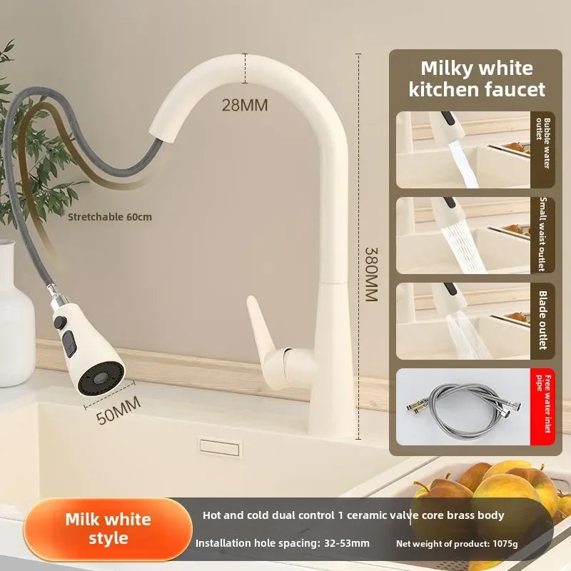 Milky white cream wooden handle all copper kitchen faucet with stainless steel extendable 60cm pull-out hose and spray function