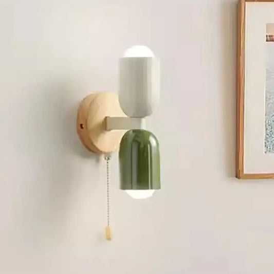 Modern wall lamp with light wood base, white and olive ceramic shades, pull chain switch for decorbites cream zipper nordic use