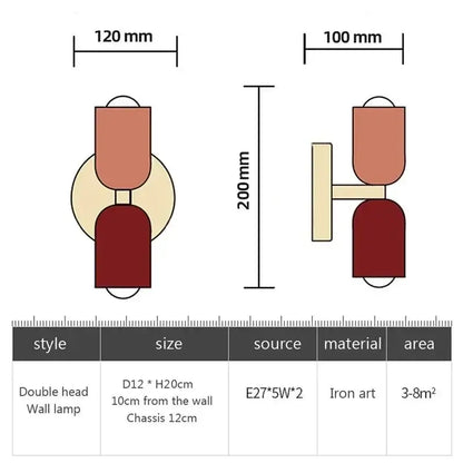 Double head wall lamp with warm-toned upper shade and deep red lower shade iron art decorbites cream zipper nordic style