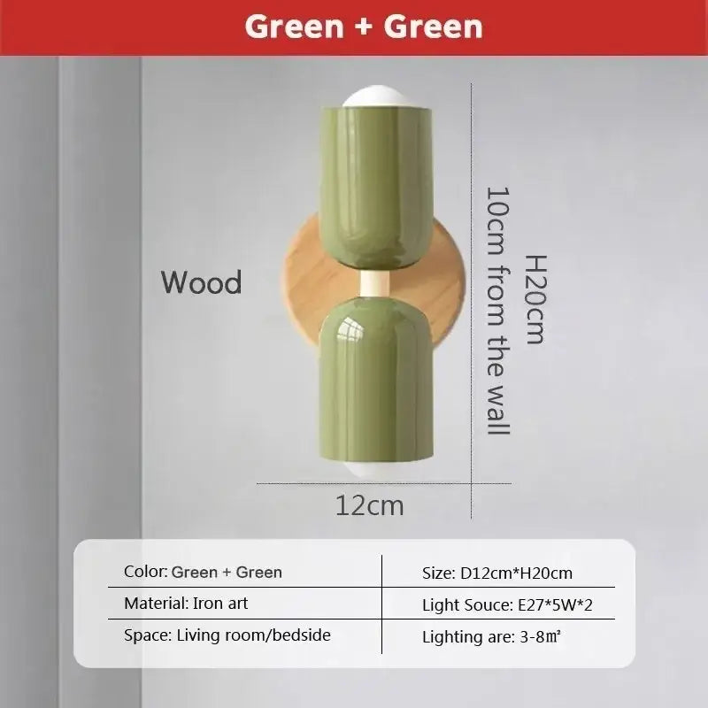 Modern green double-armed wall lamp with wooden base and iron art finish decorbites cream zipper nordic style