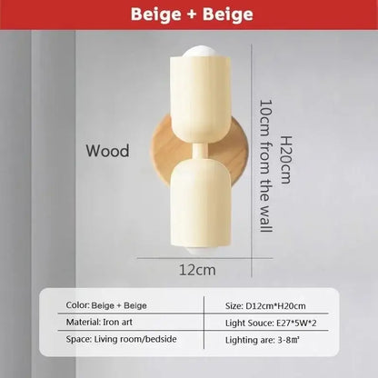 Beige two-tiered iron art wall lamp with wooden circular backplate decorbites cream zipper nordic bedroom pull chain light