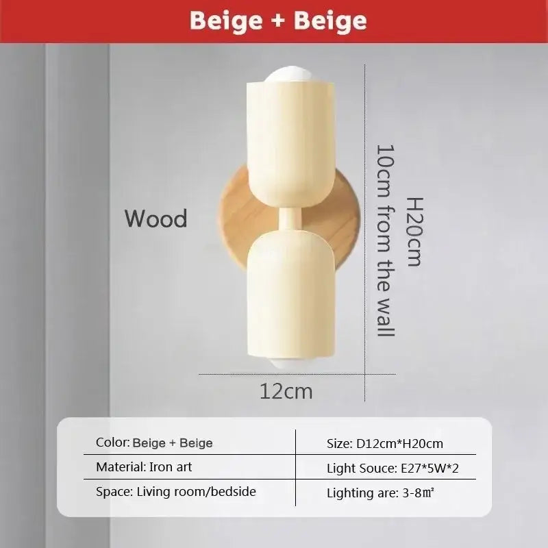 Beige two-tiered iron art wall lamp with wooden circular backplate decorbites cream zipper nordic bedroom pull chain light