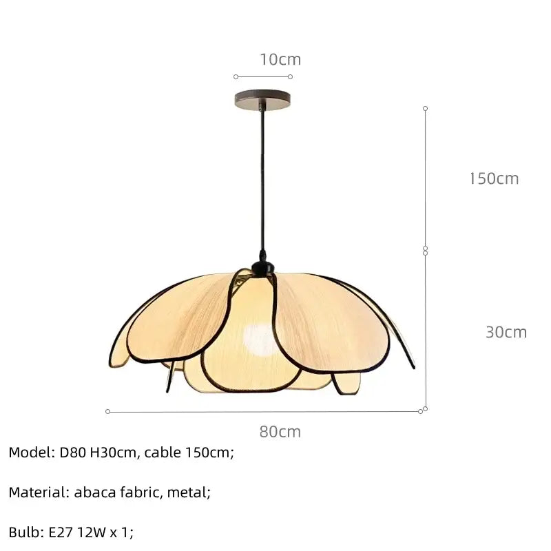 Creamy abaca fabric pendant light with cream flower-shaped layered petals and metal frame for dining room decorbites