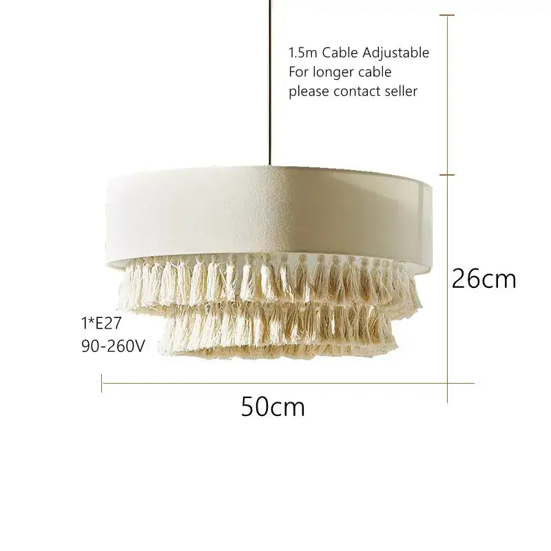 Cream-colored tiered pendant light with textured cylindrical top and cascading tassels for bedroom decorbites creamy bohemian