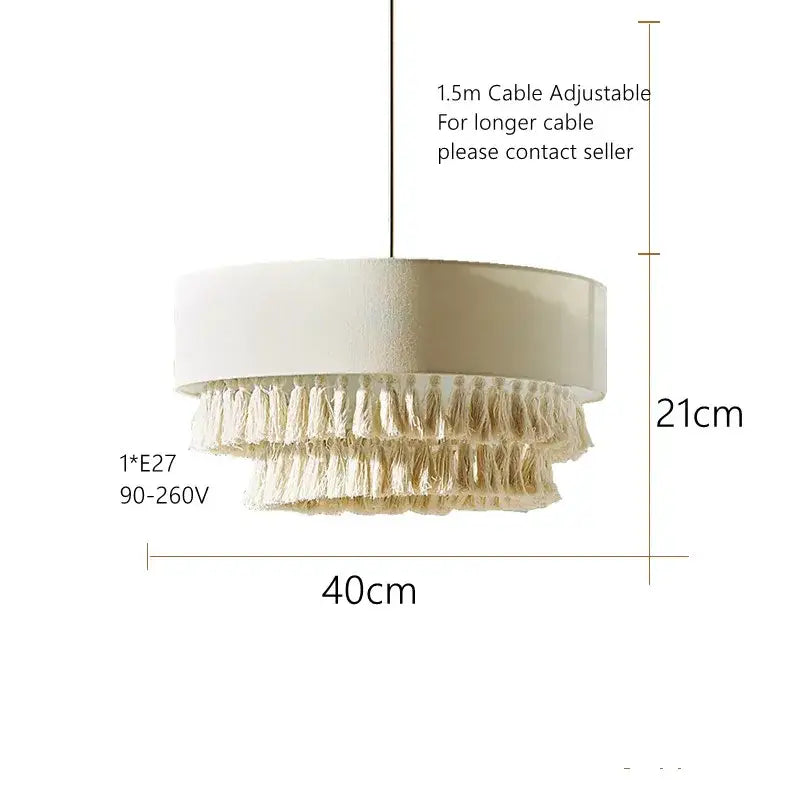 Cream-colored cylindrical pendant light with layered tassels for bedroom decorbites creamy bohemian wabi style