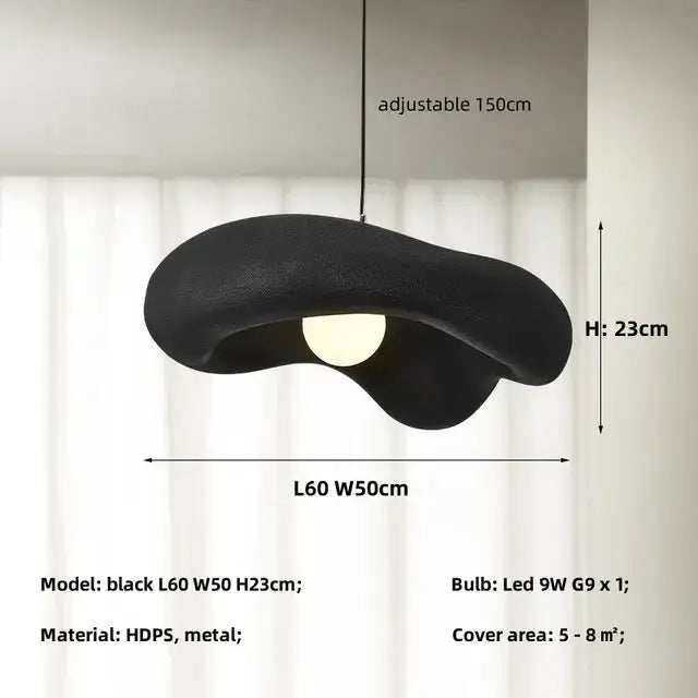Black abstract pendant light with textured hdps and metal finish featuring an adjustable 150cm chain for creamy style resin decor