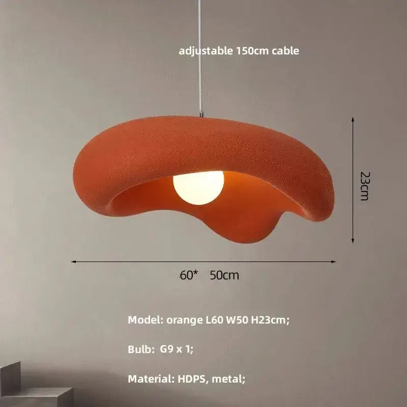 Orange abstract creamy style resin pendant light with textured hdps and metal finish for dining room and kitchen island