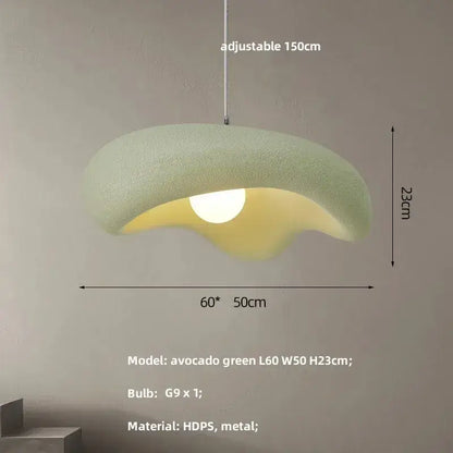 A soft avocado green creamy style resin pendant light with cloud shape textured hdps material and metal hardware