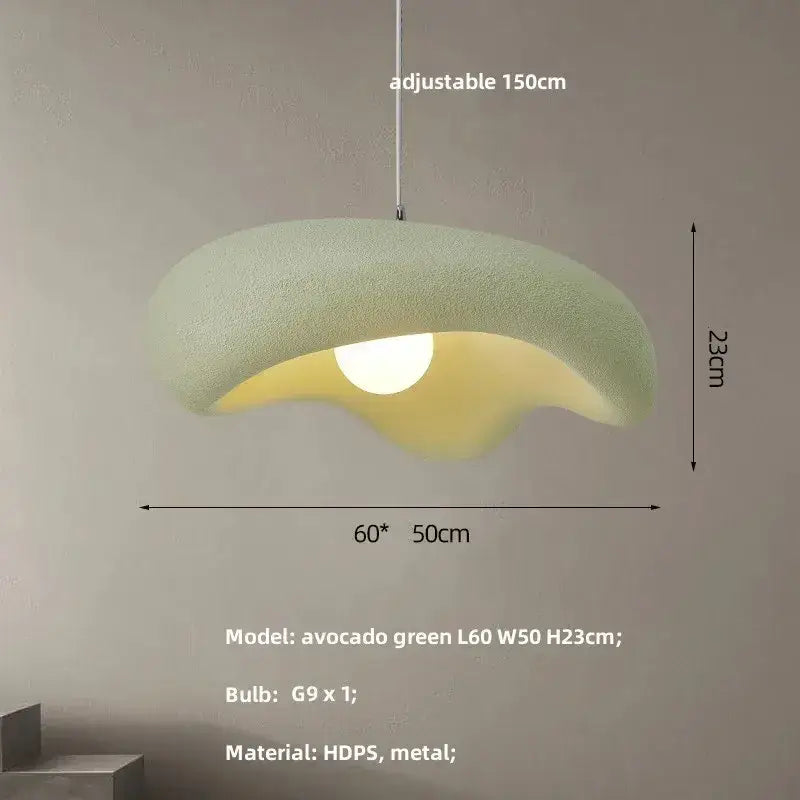 A soft avocado green creamy style resin pendant light with cloud shape textured hdps material and metal hardware