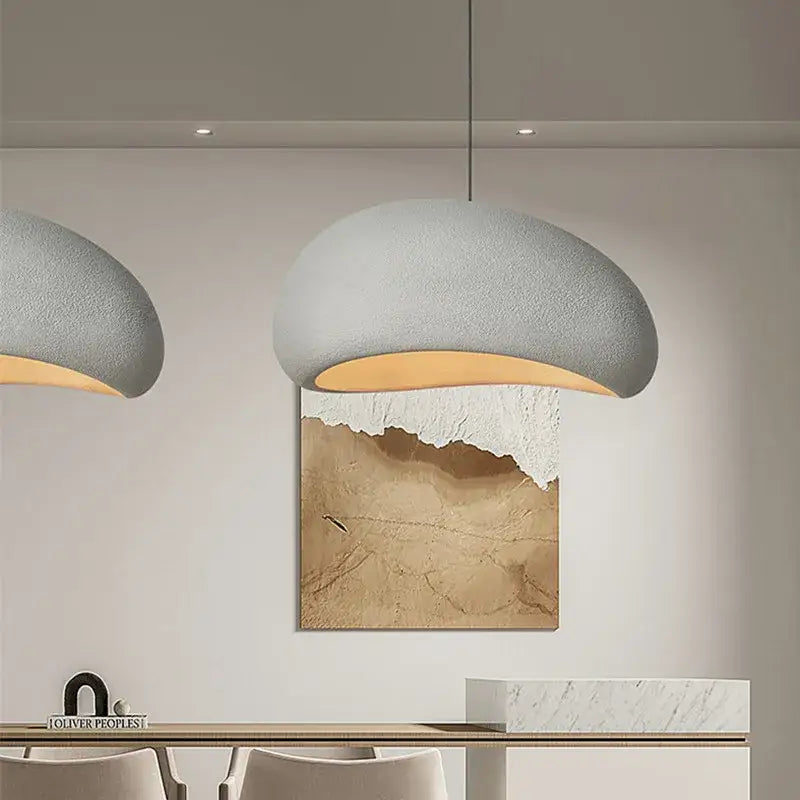 Textured gray creamy style wabi sabi pendant light with warm interior lining for stairs and living room decorbites creamy style