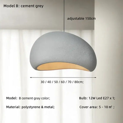 Cement grey creamy style wabi sabi pendant light with textured polystyrene and metal dome, adjustable 150cm length for stairs and living room decorbites creamy style