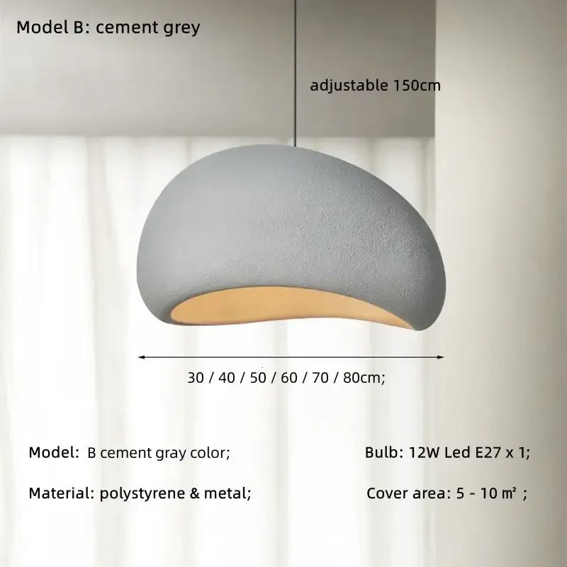 Cement grey creamy style wabi sabi pendant light with textured polystyrene and metal dome, adjustable 150cm length for stairs and living room decorbites creamy style