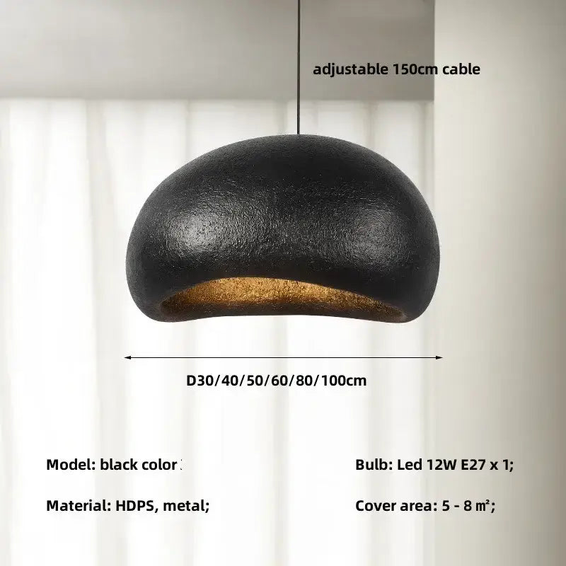 Black HDPS and metal creamy style wabi sabi pendant light with matte finish and gold interior for stairs and living room decor