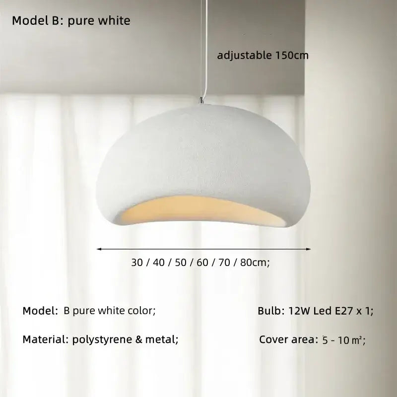 Pure white dome-shaped creamy style wabi pendant light with matte polystyrene and metal for stairs and living room decorbites creamy style