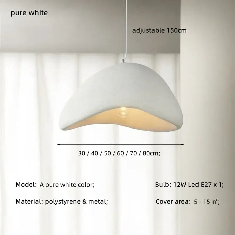 A sleek creamy style wabi pendant light in pure white polystyrene and metal dome for stairs and living room decorbites creamy style