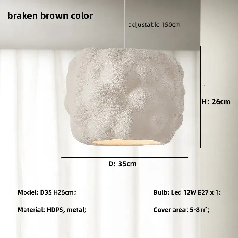 Creamy style pendant white cloud pendant light with textured broken brown hdps and metal, adjustable 150cm chain decorbites