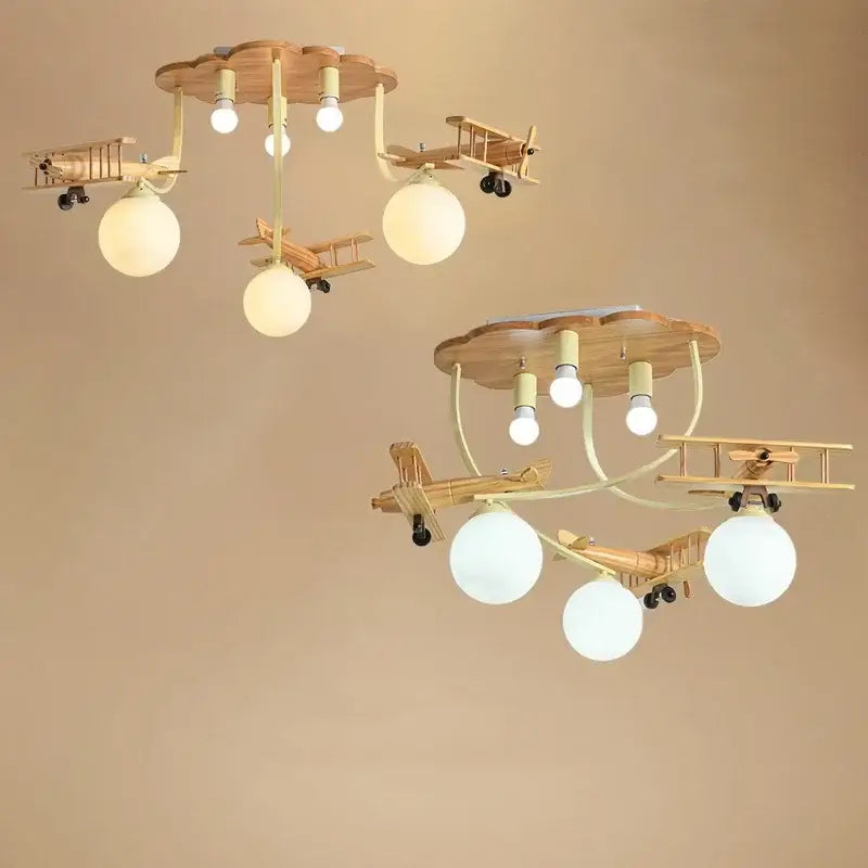 Wooden plane chandelier with airplane led wooden design and spherical frosted glass shades for boys bedroom ceiling light