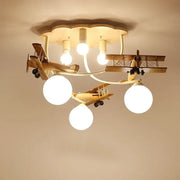 Creative airplane led wooden plane chandelier with three spherical bulbs and cloud-shaped base for boys bedroom decor