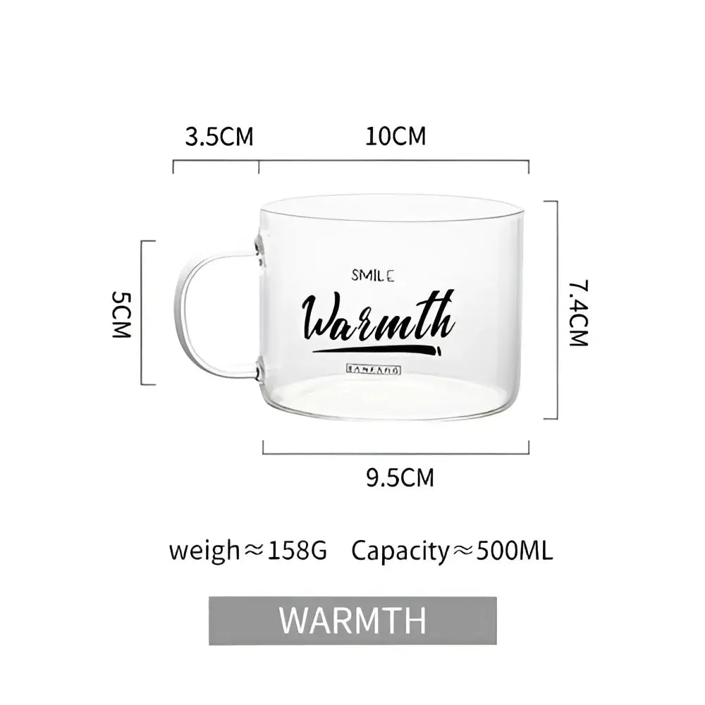 Clear glass mug with black warmth and smile inscriptions featuring a simple handle from decorbites creative alphabet glass collection