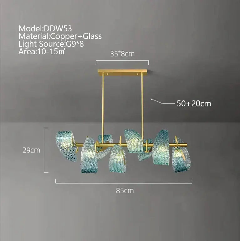 Modern copper and glass pendant light with eight g9 bulbs and iridescent blue green decorbites blue glass shades