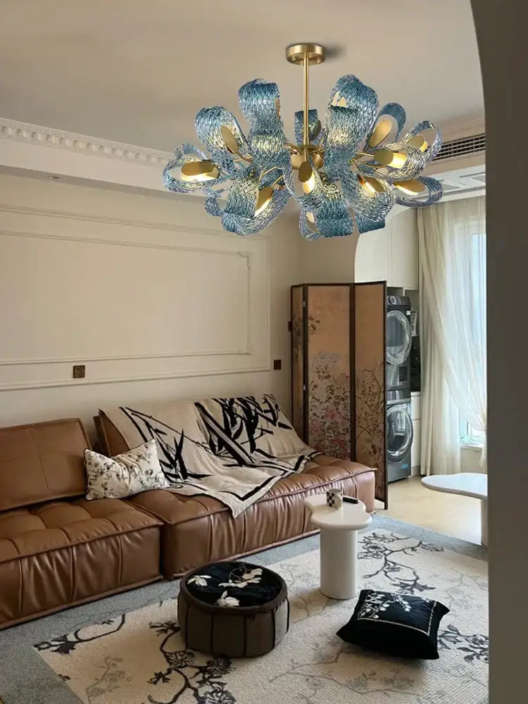 Creative blue and gold glass pendant light with floral design featuring decorbites blue glass luxury for bedroom decor