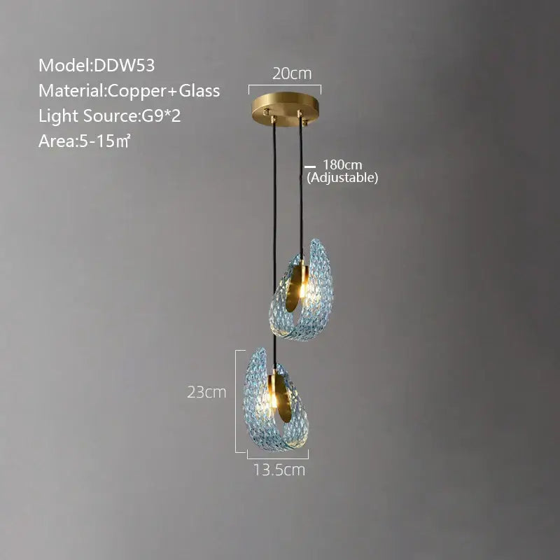 Creative blue and gold glass pendant light with two teardrop-shaped blue glass luxury shades for decorbites bedroom decor
