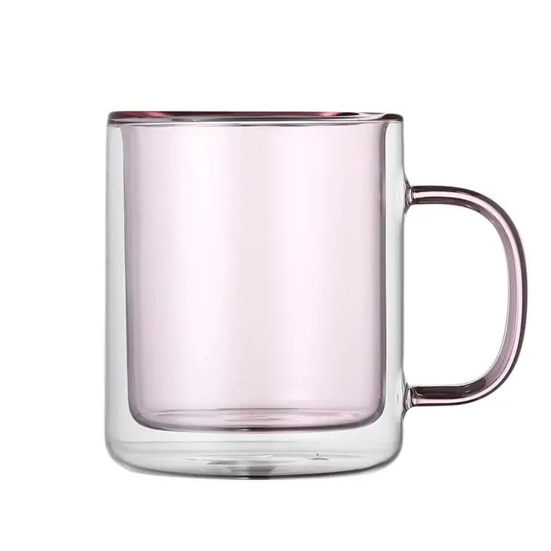 A translucent pink double-walled glass whiskey wine glass tumbler with matching handle in creative dining set