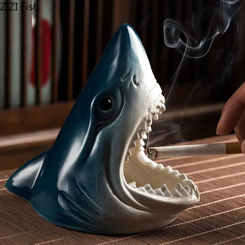 Blue and white ceramic decorbites creative shark storage ashtray with detailed teeth and open mouth for living room decor