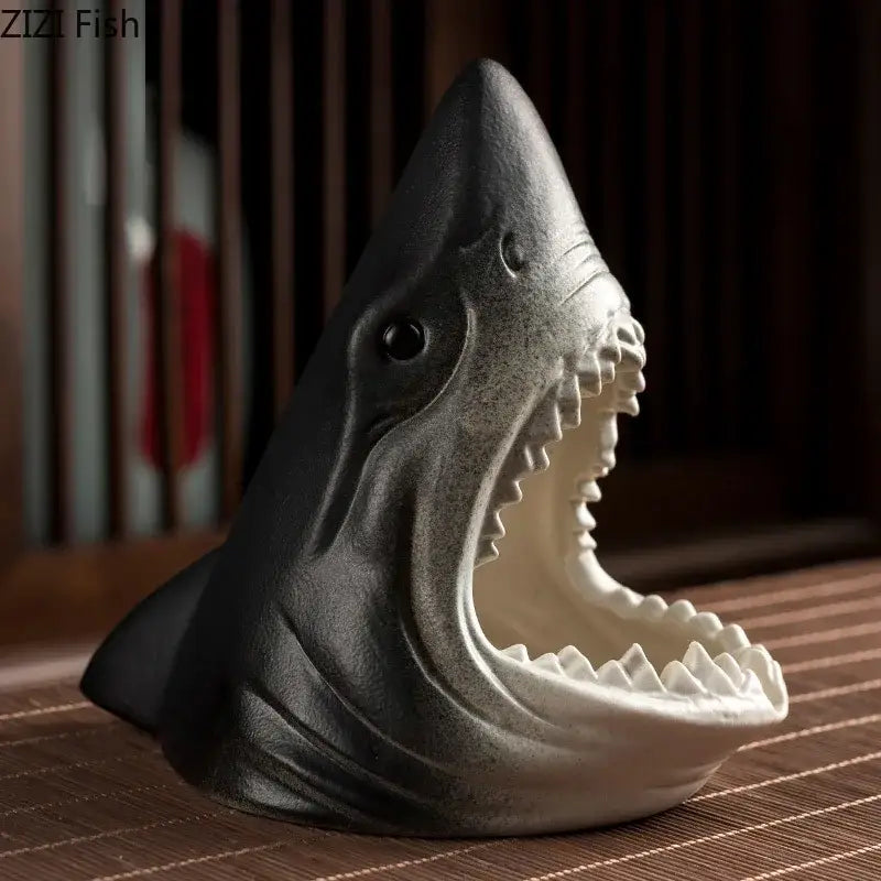 Gray and white ceramic shark storage ashtray with detailed teeth and textured skin for decorbites creative shark decor