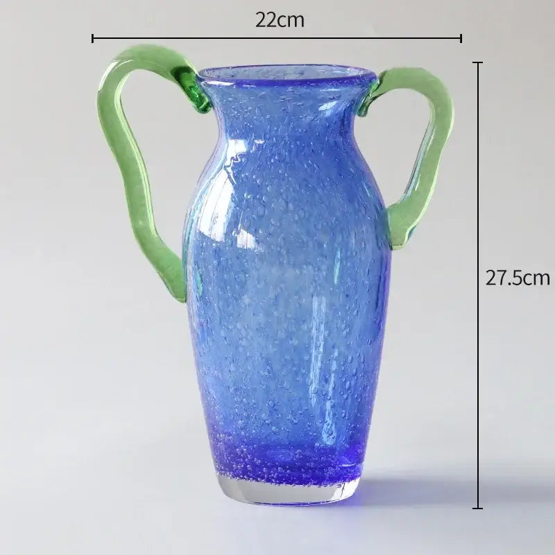 A translucent blue bubble glass vase with textured interior and green handles for decorbites creative bubble decor