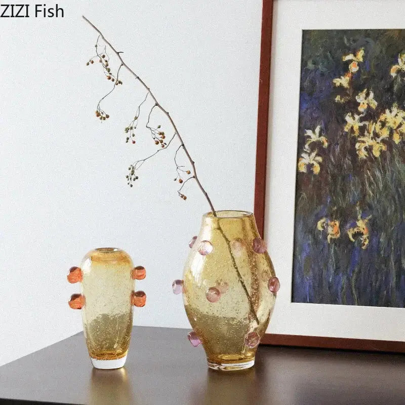 Amber-colored creative bubble glass vase with pink and orange spherical embellishments for living room decorbites creative bubble