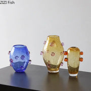 Set of three creative bubble glass vases in blue amber and gold with textured surfaces for living room decorbites decor
