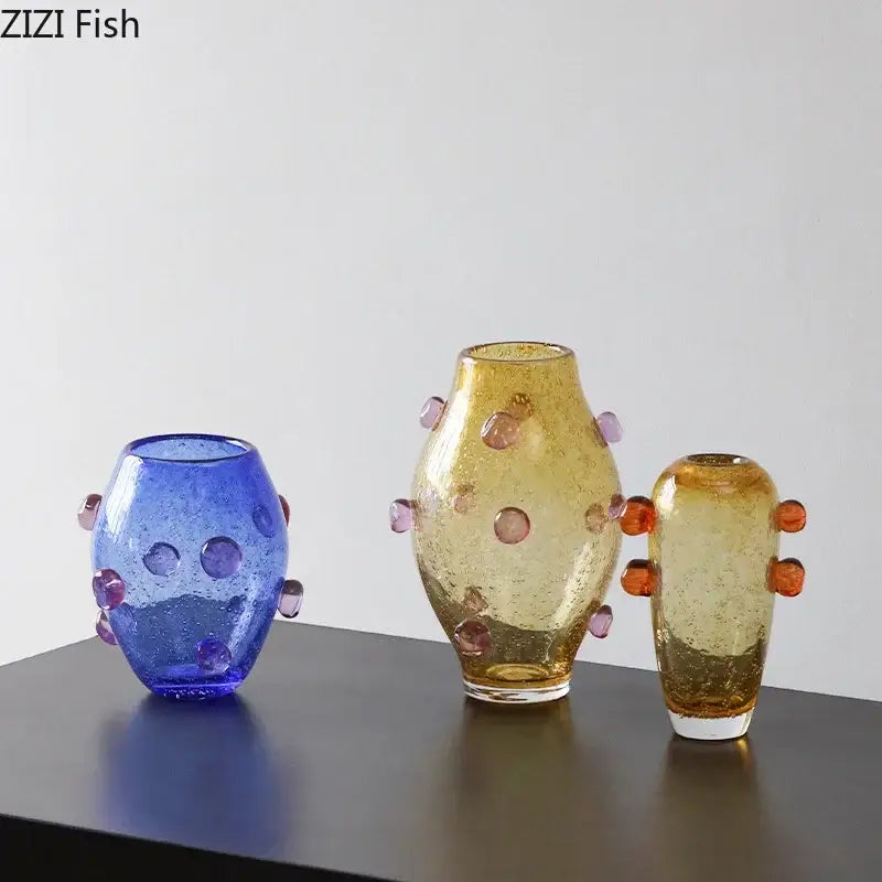 Set of three creative bubble glass vases in blue amber and gold with textured surfaces for living room decorbites decor