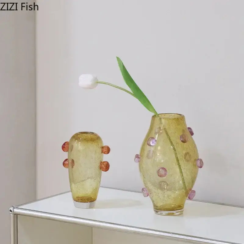Yellow glass bubble glass vase with pink and orange spherical embellishments for decorbites creative bubble decor