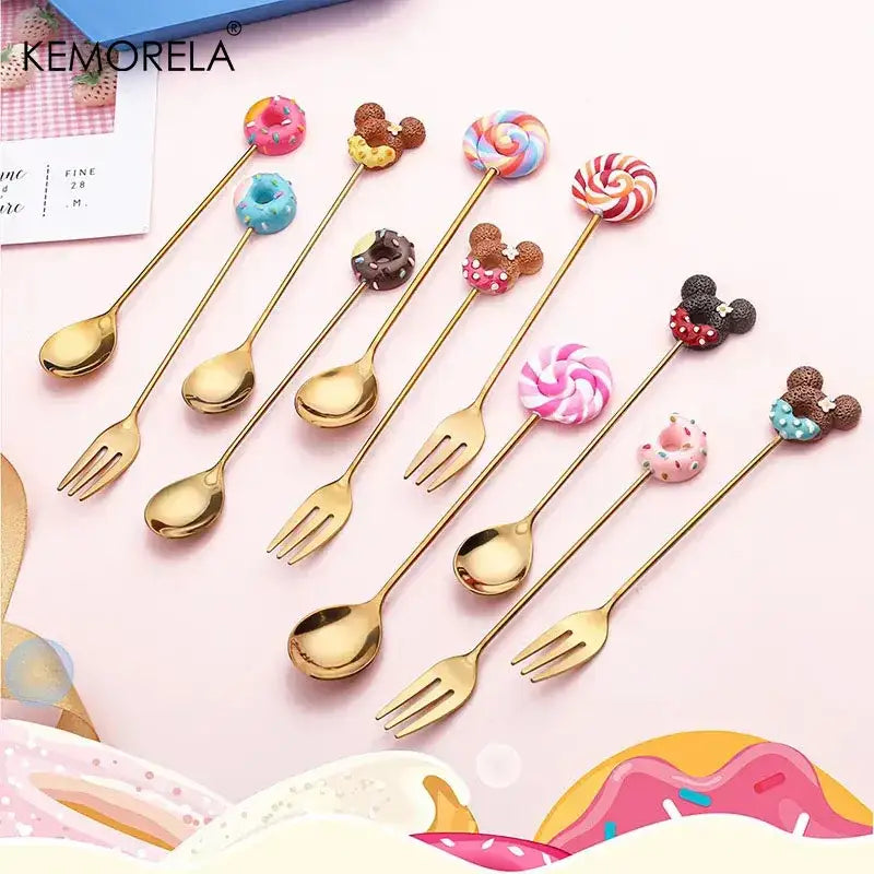Creative candy donut dessert spoon and fork set with gold utensils and colorful candy-themed handles for dining room use