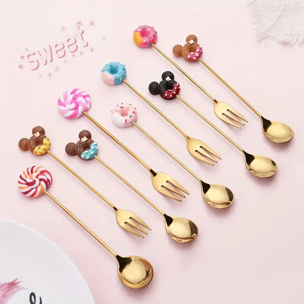 Creative candy donut gold-colored dessert fork and spoon set with colorful donut and lollipop-shaped handles for dining room