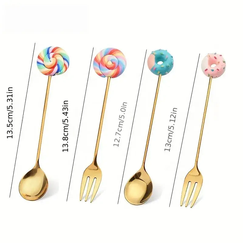 Set of four gold-toned dessert spoons and donut dessert forks with creative candy donut colorful decorative heads