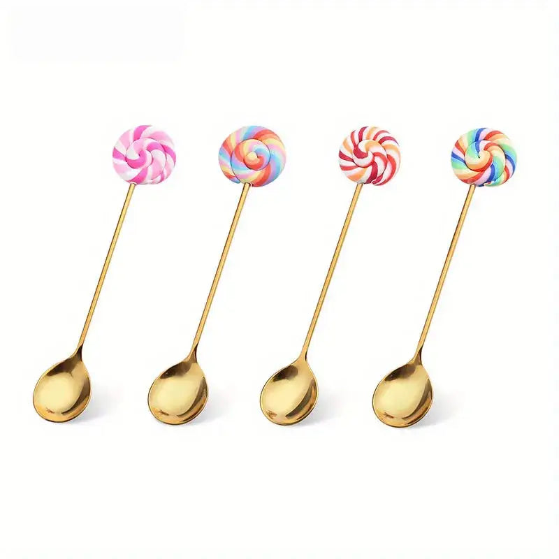 Four gold spoons with creative candy donut handles in colorful swirled patterns for candy donut dessert use