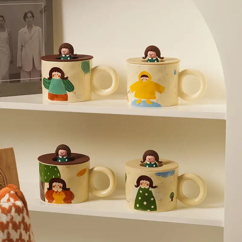 Four whimsical cartoon girl ceramic coffee mugs with matching lid figurines creative ceramic coffee decorbites design