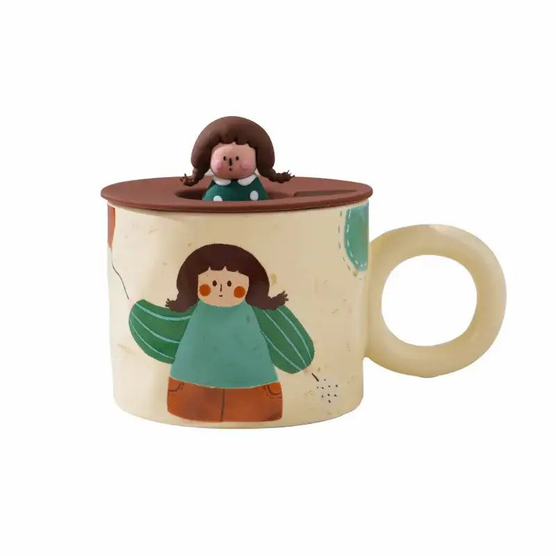 Cream-colored ceramic coffee mug with brown lid featuring miniature doll figurine and cartoon girl design decorbites creative ceramic