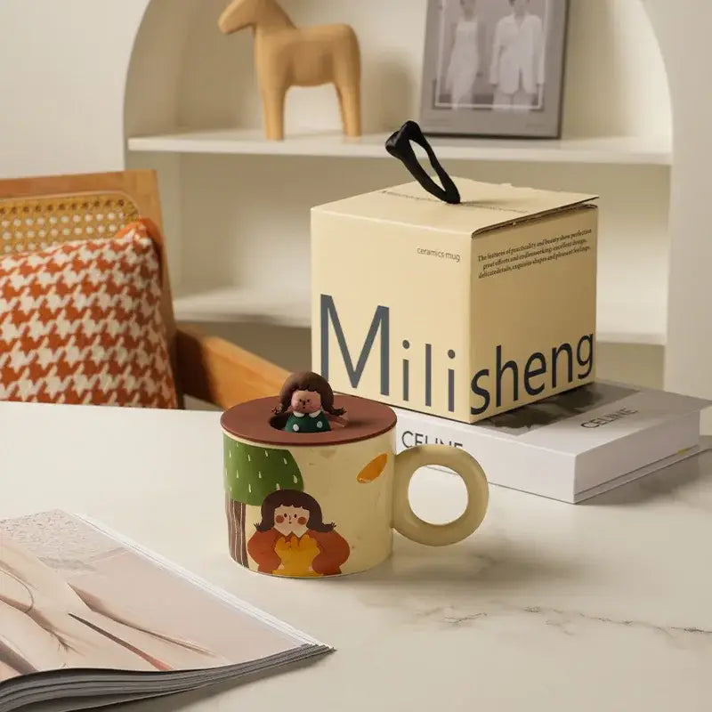 Cream-colored decorbites creative ceramic coffee mug with illustrated girl and miniature doll figurine kitchen decor